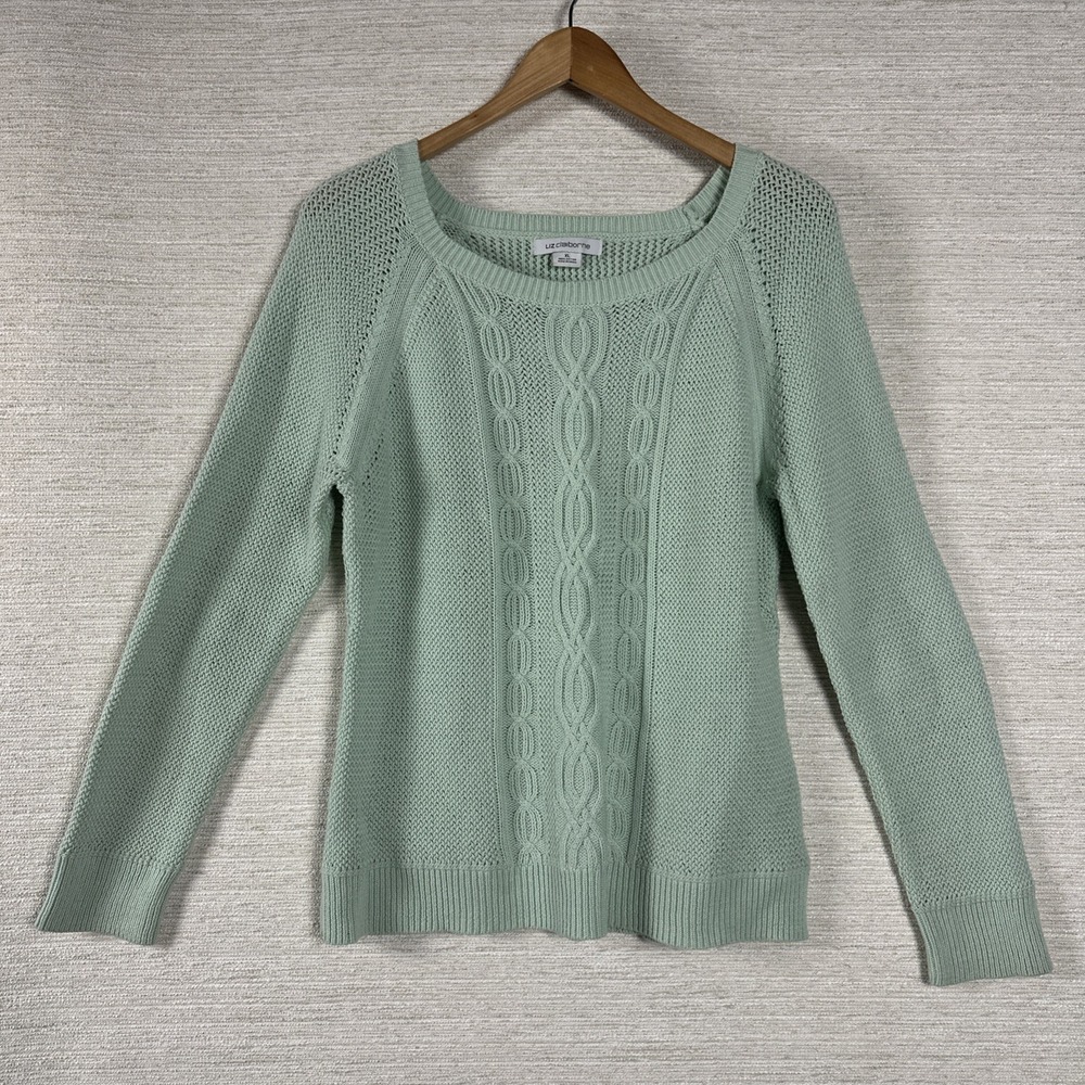 Liz Claiborne 100% Cotton Cable Knit Sweater XL Mint Green Cottagecore Preppy